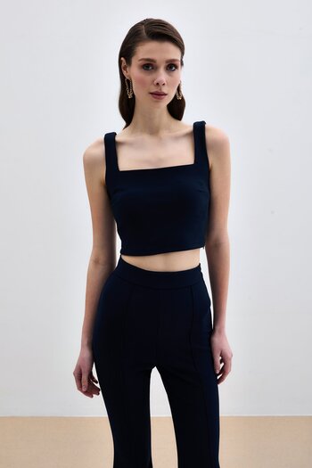 Sateen Square Neck Crop Blouse - Navy Blue
