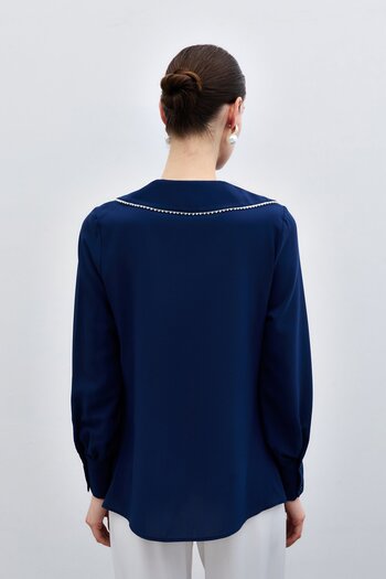 Sateen Casual Blouse with Peplum Collar Pearls - Navy Blue
