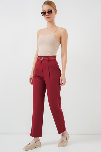 Bigdart Women's Pleated Belted Fabric Trousers 6725 - Red