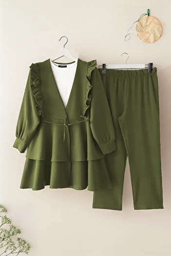 MODAQU Frilly Rope Belted Tunic Trousers Set - Khaki