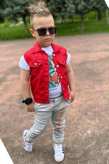 Riccotarz Boy's Tiger Detailed T-Shirt Back Printed Sleeveless Red Jean Jacket Cargo Pocket Bottom Top Set