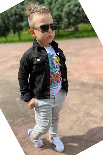 Riccotarz Boy's Tiger Detailed T-Shirt Back Printed Black Jean Jacket Cargo Pocket Bottom Top Set
