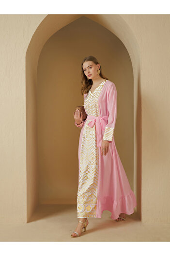 Styli Foil Print Panelled Jalabiya with Tie-Up Detail