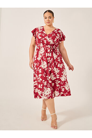 Styli Plus Size Floral Print Flared Sleeves Wrap Midi Dress