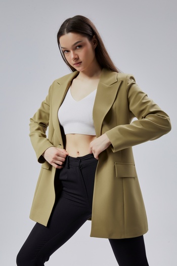 Bolivente Light Khaki Double Breasted Long Blazer Jacket