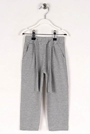 zepkids Plaid Patterned Girl's Gray Color Trousers with Belted Waistband