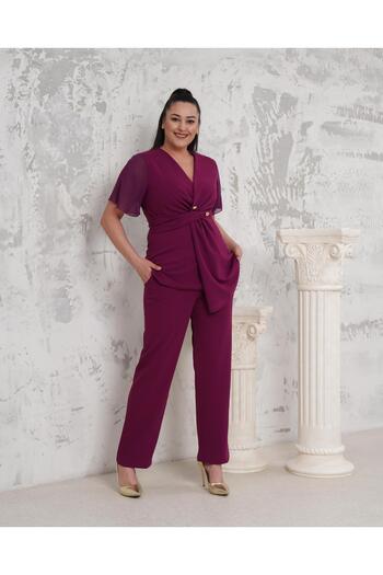 Butik Nilyam Women's Plus Size Double Breasted Lapel Chiffon Sleeve Button Detail Evening Dress Suit 24723