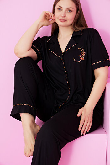 Siyah İnci Black Kıkılkıl Leopard Embroidered Buttoned Piping Oversize Pj Set Large Size