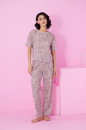 Siyah İnci Coffee Flower Print Pointel Openwork/Hole Crew Neck Knitted Pajama Set
