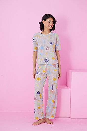 Siyah İnci Gray Colored Patterned Pointel Openwork/Hole Crew Neck Knitted Pajamas Suit