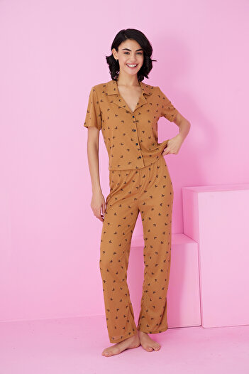 Siyah İnci Coffee Butterfly Pattern Pointel Openwork/Hole Shirt Collar Knitted Button Pajama Suit