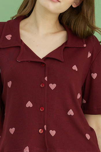 Siyah İnci Burgundy Heart Printed Ribbed Camisole Knitted Buttoned Shirt Collar Pajama Set