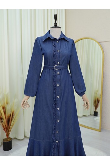 Modamorfo Buttoned Ruffled Belted Piece Denim Dress -Indigo