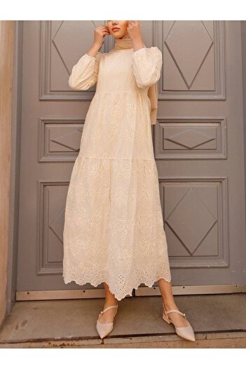 Modamorfo Beige Elastic Sleeve Segmented Dress