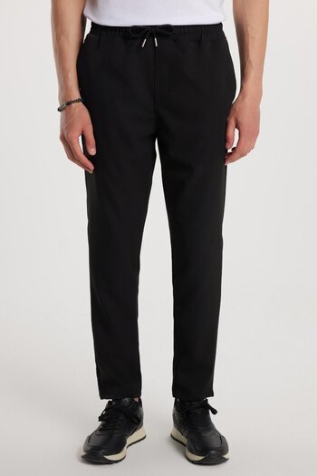 Tudors Men's Regular Fit Elastic Waist Lace-Up Jogger Black Trousers Relaxed Fit Side Pockets