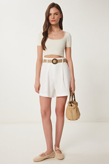 Lovelyİstanbul City Boy Linen Shorts with Straw Belt, Bone Lav0004