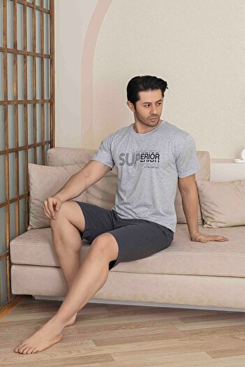 Mine style Combed Men Shorts Pajamas Gray Top Bottom Pocketed 100% Cotton Pajama Set