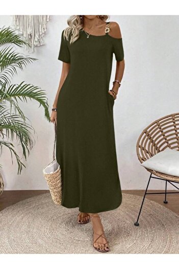 buğrahayalin Women's One Shoulder Open Buckle Detailed Side Slit Maxi Length Viscose Dress