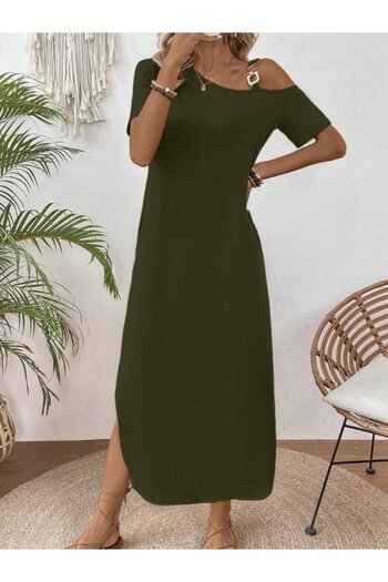 buğrahayalin Women's One Shoulder Open Buckle Detailed Side Slit Maxi Length Viscose Dress