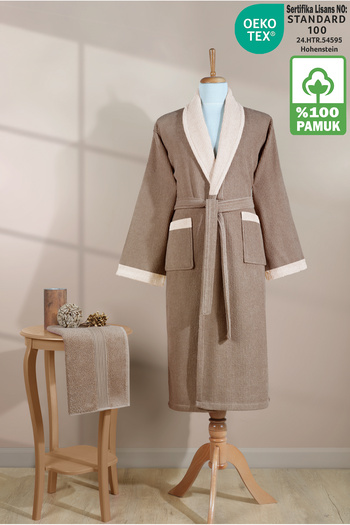 Ellaline Striped Bathrobe Set 100% Cotton Certified, 2 Pieces, Contrast Collar Shawl Bathrobe Set