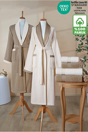 Ellaline Striped Bathrobe Set 100% Cotton Certified 6 Piece Contrast Shawl Family Bathrobe Set |   Dowry Set