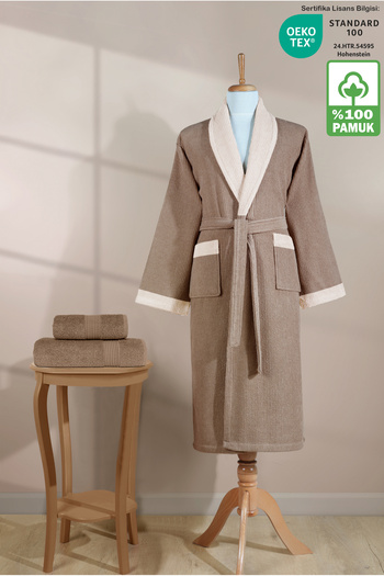 Ellaline Striped Bathrobe Set 100% Cotton Certified, 3 Piece, Contrast Collar Shawl Bathrobe Set