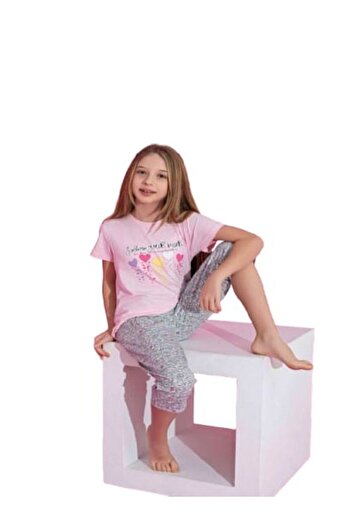 Tarık Girl's 100% Cotton Pink 5 Heart Printed Short Sleeve Capri Pajama Set