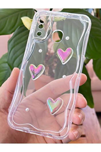 Fibaks Samsung Galaxy A20-A30 Case 3D Heart Pearl Design Patterned Camera Protection Transparent Silicone Cover