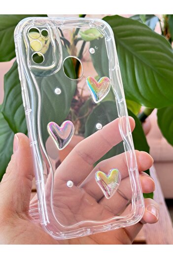 Fibaks Samsung Galaxy M30S-M21 Case 3D Heart Pearl Design Patterned Camera Protection Transparent Silicone Cover