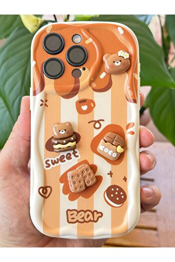 Fibaks iPhone 15 Pro Max Case Designed Patterned Camera Protection Teddy Bear Biscuit Colored Cofffe Silicone Cover