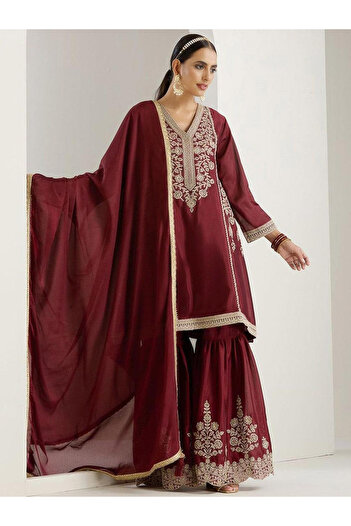 Ishin By Styli Embroidered V-Neck Kurta and Sharara with Dupatta Set