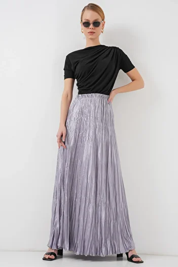 Bigdart Women's Long Crinkled Shiny Skirt 8034 - Gray