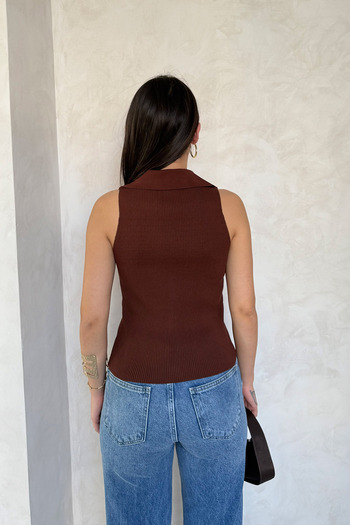 Seda Yalçın Atelier Kahverengi Sya Polo Yaka Triko Yelek