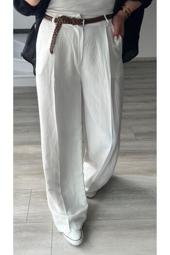 Oslove White Linen Palazzo Trousers with Belt
