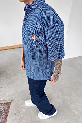 HAFKAGİYİM Синя картата блуза з регульованим поясом Oversize