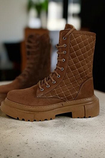yagmurberen Baklava Patterned Women's Suede Leather Long Boots with Fur Inside and Laces