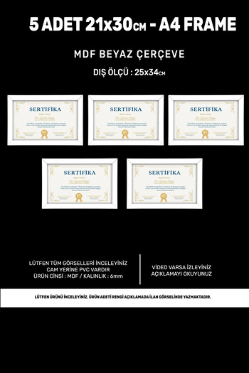 bymat 5 Pieces A4 Frame - Photo and Certificate Frame - 21x30 Frame - MDF White Frame
