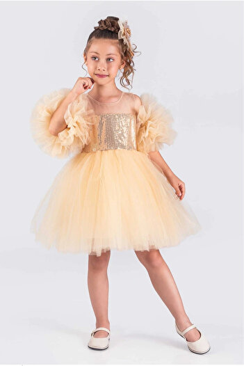 vestitino Girl's Evening Dress with Pompom Sleeves and Sequined Tutu