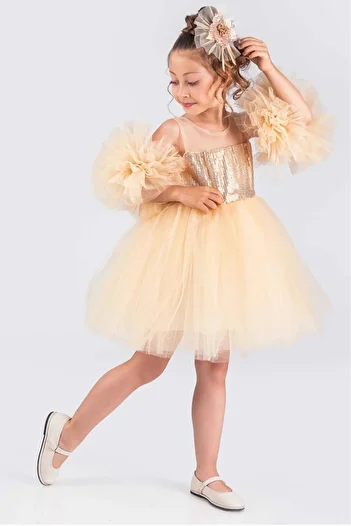 vestitino Girl's Evening Dress with Pompom Sleeves and Sequined Tutu