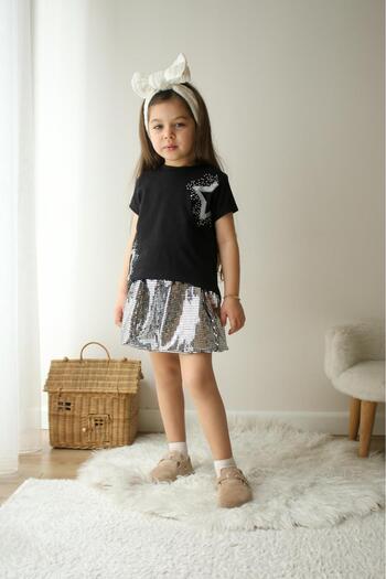Lolliboomkids Girl's Silver Color Shiny Disco Fabric Balloon Skirt Star Printed T-Shirt Cotton Bottom Set