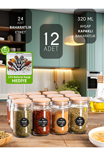 Kitchen Mood 320ml Glass Spice Jar Set of 12 – with Wooden Lid, Mini Spoon & Label