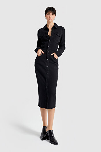 its basic Women's Black Black Od Color Buttoned Long Denim Dress