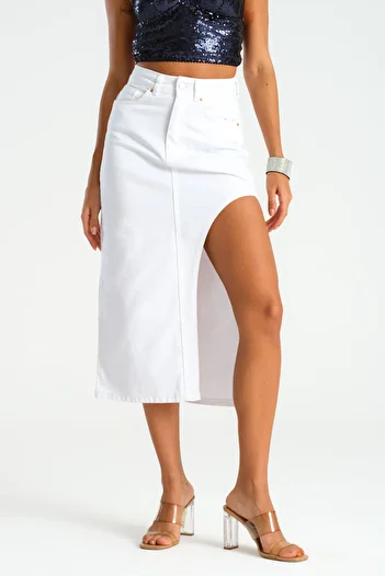 its basic Women's White Color Rosa Side Deep Slit Detailed Long Denim Skirt