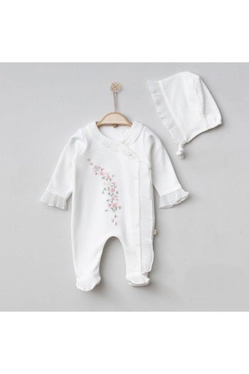 Mert Baby Floral Embroidery Lace Detail Jumpsuit and Hat