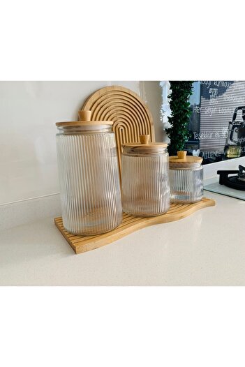 morponi Vacuum 3-Piece Striped Jar Set with Bamboo Lid (800/1300/1800 ml) Grooved