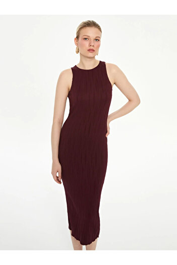 LC Waikiki Vision Plum Halter Neck Super Skinny Tight Textured Dress