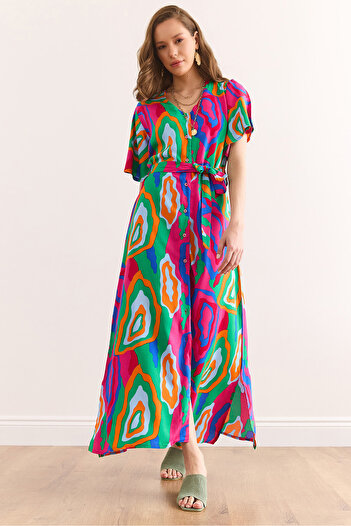 Olalook Fuchsiagrünes, geknöpftes Maxi-Viskose-Hemdkleid mit Gürtel für Damen Elb-19002382