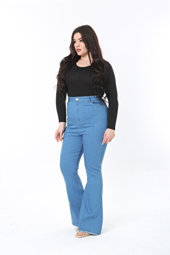 Şans Women's Large Size Blue High Waist Wide Leg 5 Pocket Lycra Jeans 65N38894