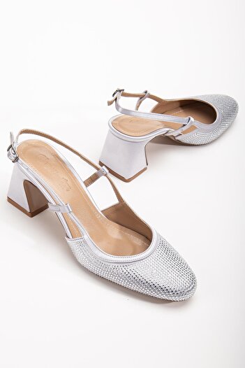 Dilimler Ayakkabı Women's Short Heeled Evening Dress Shoes Silver Stone Trim Round Toe