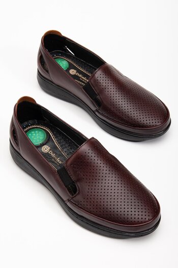 Dilimler Ayakkabı Genuine Leather Large Size Orthopedic Women's Casual Shoes Claret Red Laser Printed Side Window
